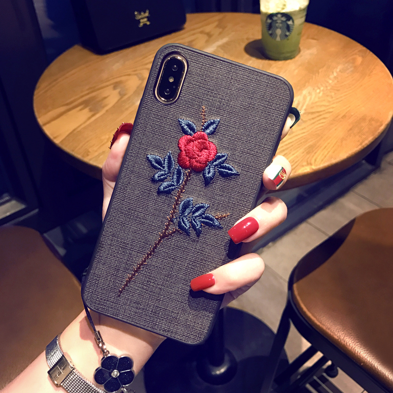 Étui iPhone 8 Plus Ornements Suspendus Personnalité Art Téléphone Portable Broderie Noir