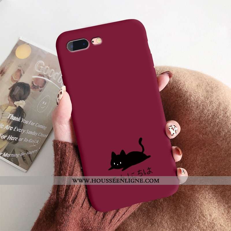 Étui iPhone 8 Plus Ultra Légère Simple Chat Délavé En Daim Clair Frais Rouge