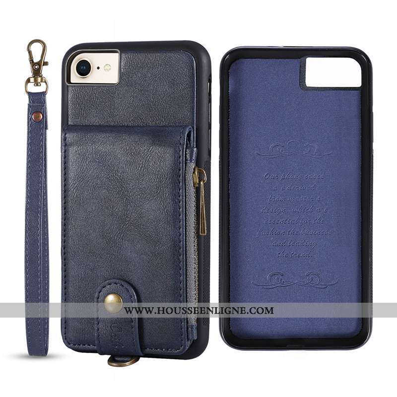 Étui iPhone 8 Portefeuille Cuir Protection Véritable Business Coque Bleu Marin Tout Compris Bleu Fon
