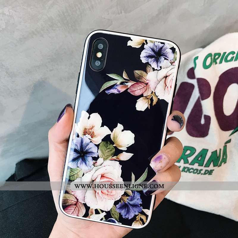 Étui iPhone X Élégant Silicone Téléphone Portable Miroir Style Chinois Fleurs Noir