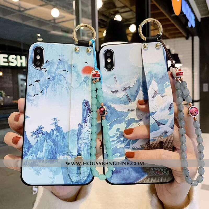 Étui iPhone Xs Gaufrage Vintage Créatif Fluide Doux Élégant Personnalité Bracelet Bleu