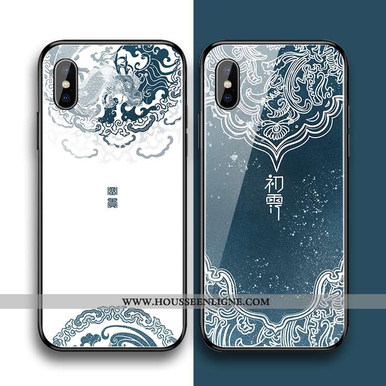 Étui iPhone Xs Max Silicone Verre Simple Fleur Style Chinois Fluide Doux Bleu