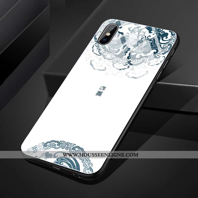 Étui iPhone Xs Max Silicone Verre Simple Fleur Style Chinois Fluide Doux Bleu