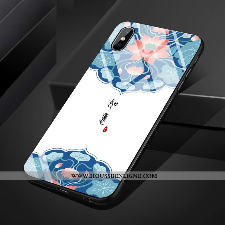 Étui iPhone Xs Max Silicone Verre Simple Fleur Style Chinois Fluide Doux Bleu