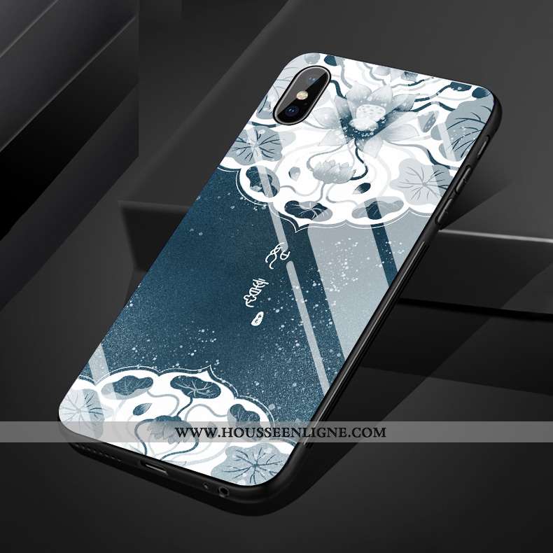 Étui iPhone Xs Max Silicone Verre Simple Fleur Style Chinois Fluide Doux Bleu