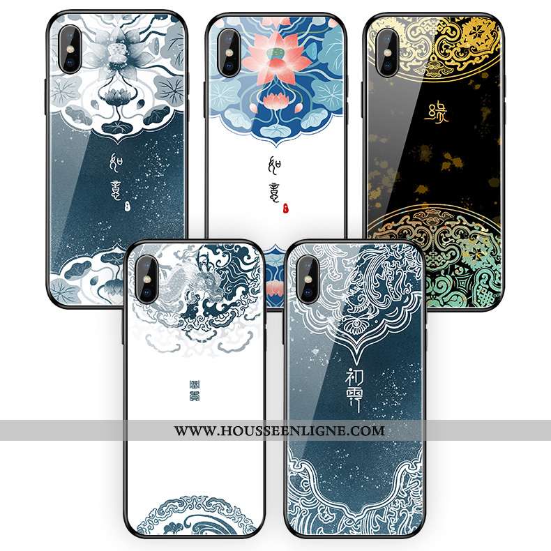 Étui iPhone Xs Max Silicone Verre Simple Fleur Style Chinois Fluide Doux Bleu