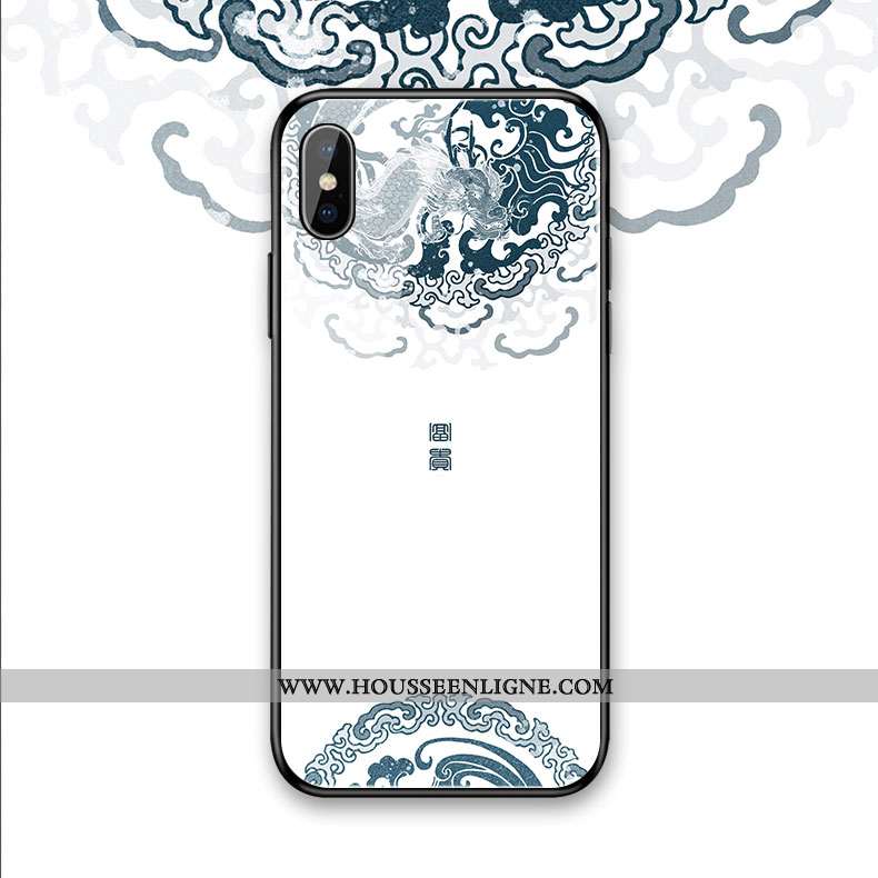 Étui iPhone Xs Max Silicone Verre Simple Fleur Style Chinois Fluide Doux Bleu