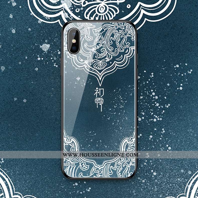 Étui iPhone Xs Max Silicone Verre Simple Fleur Style Chinois Fluide Doux Bleu