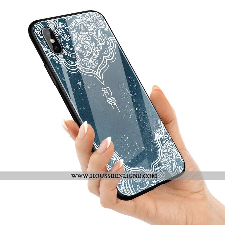 Étui iPhone Xs Max Silicone Verre Simple Fleur Style Chinois Fluide Doux Bleu