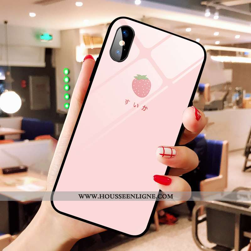 Étui iPhone Xs Max Verre Dessin Animé Chanceux Téléphone Portable Net Rouge Petit Fraise Rose