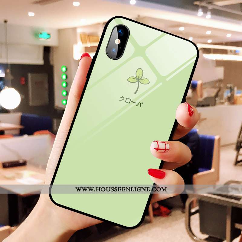 Étui iPhone Xs Max Verre Dessin Animé Chanceux Téléphone Portable Net Rouge Petit Fraise Rose