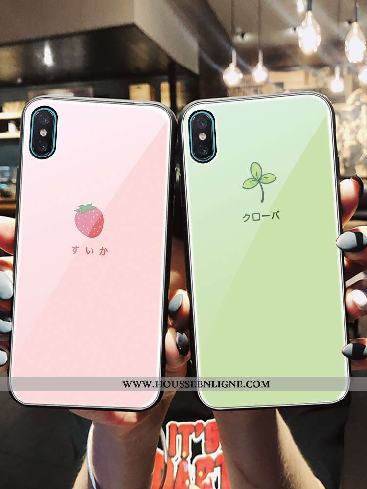 Étui iPhone Xs Max Verre Dessin Animé Chanceux Téléphone Portable Net Rouge Petit Fraise Rose