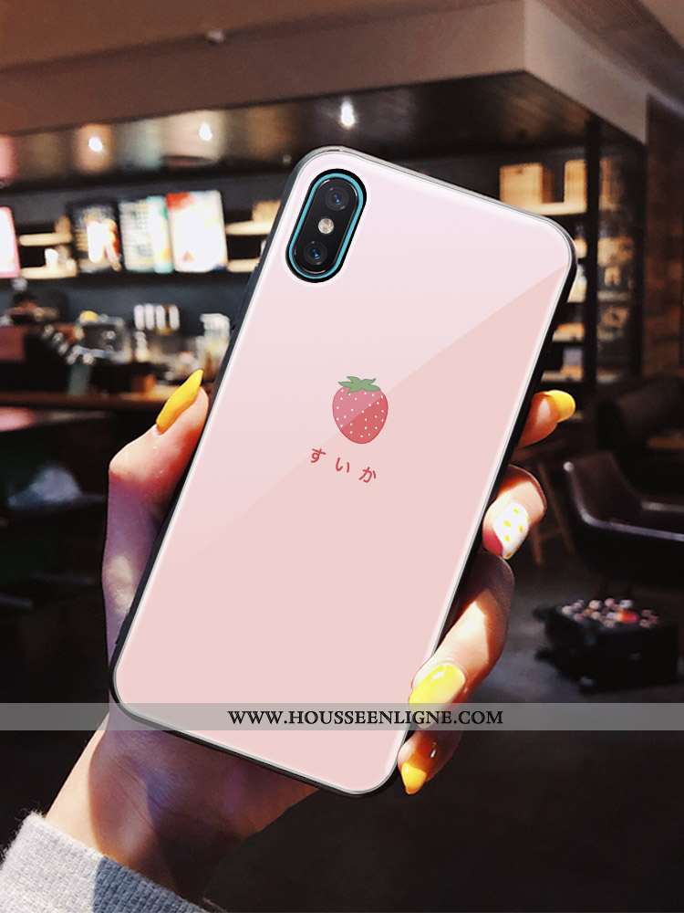 Étui iPhone Xs Max Verre Dessin Animé Chanceux Téléphone Portable Net Rouge Petit Fraise Rose