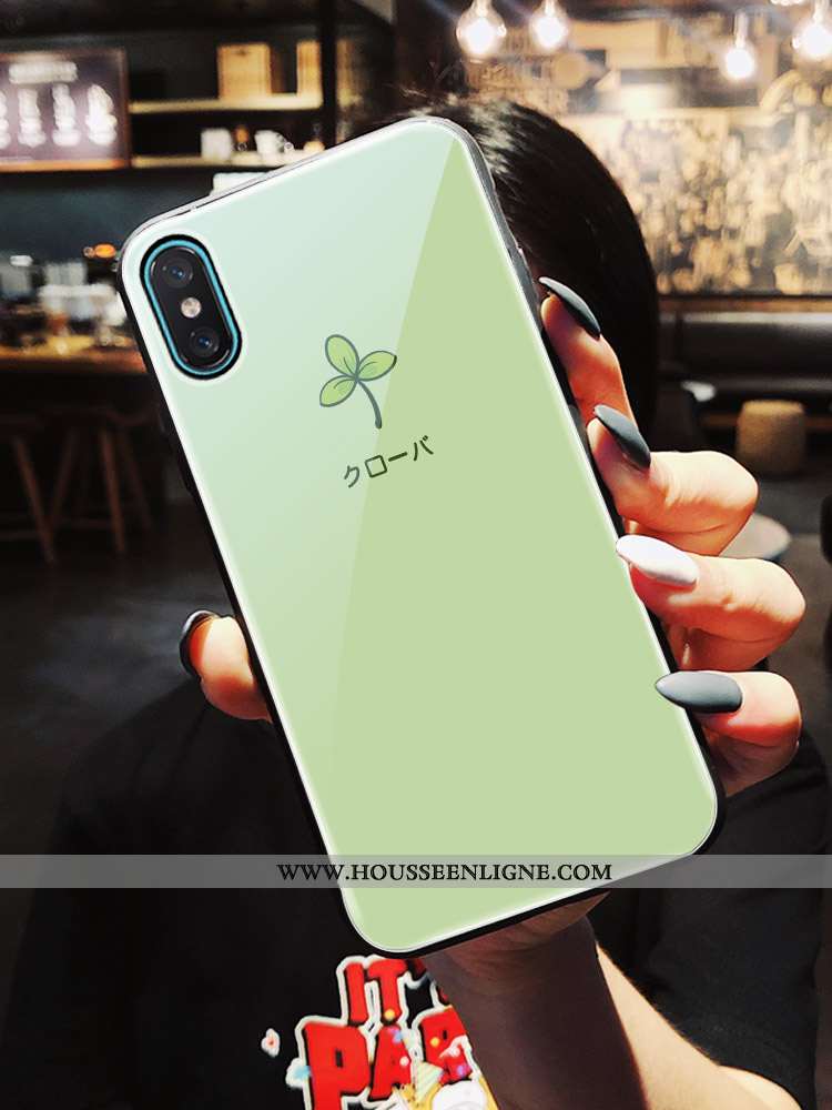 Étui iPhone Xs Max Verre Dessin Animé Chanceux Téléphone Portable Net Rouge Petit Fraise Rose