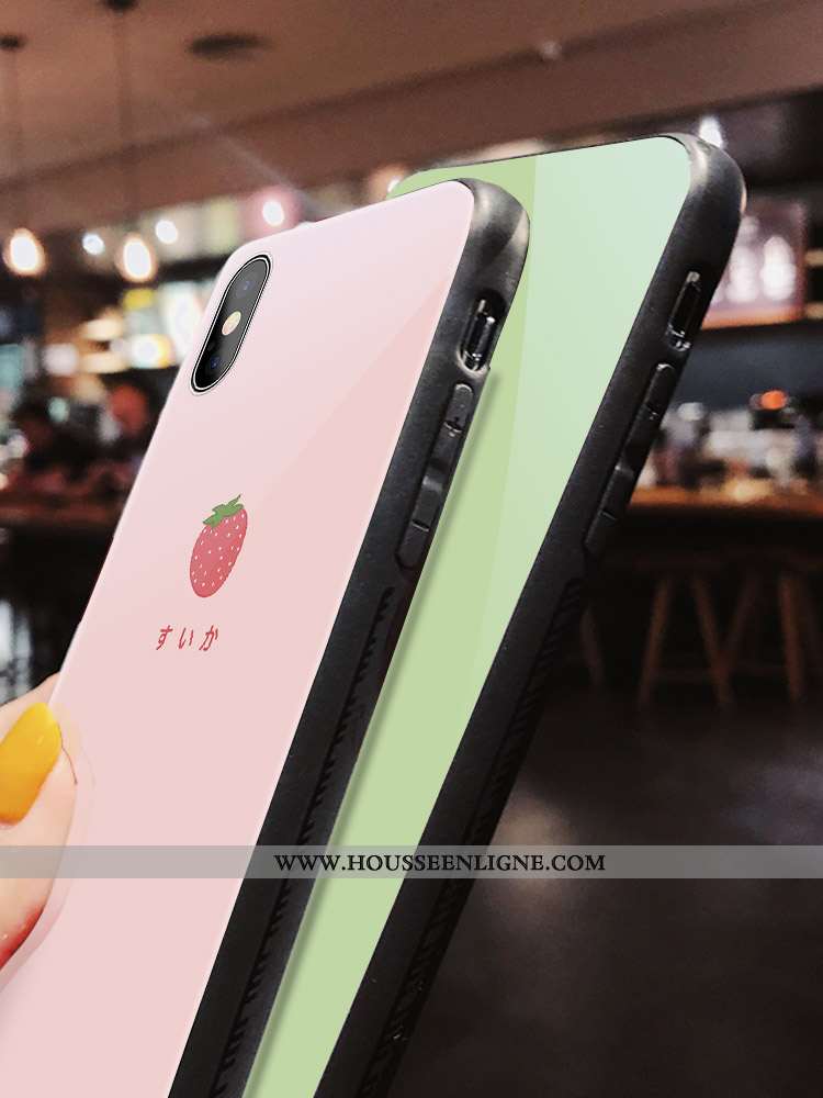 Étui iPhone Xs Max Verre Dessin Animé Chanceux Téléphone Portable Net Rouge Petit Fraise Rose