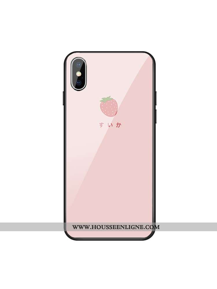 Étui iPhone Xs Max Verre Dessin Animé Chanceux Téléphone Portable Net Rouge Petit Fraise Rose