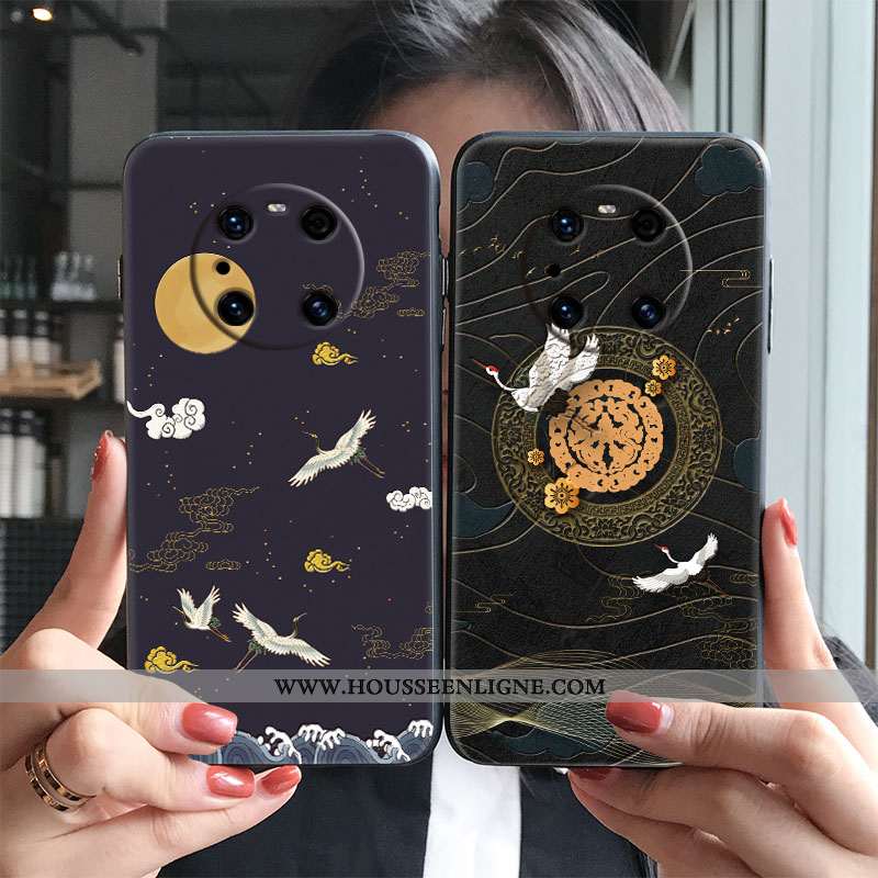 Coque Huawei Mate 40 Pro Délavé En Daim Personnalité Vent Noir Étui Grue Protection