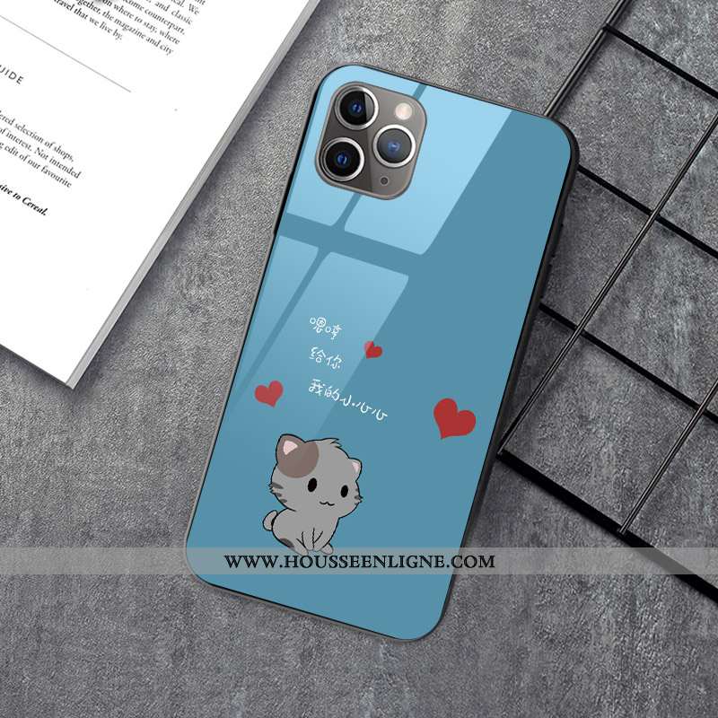 Coque iPhone 12 Pro Personnalité Créatif Nouveau Dessin Animé Chat Verre Bleu
