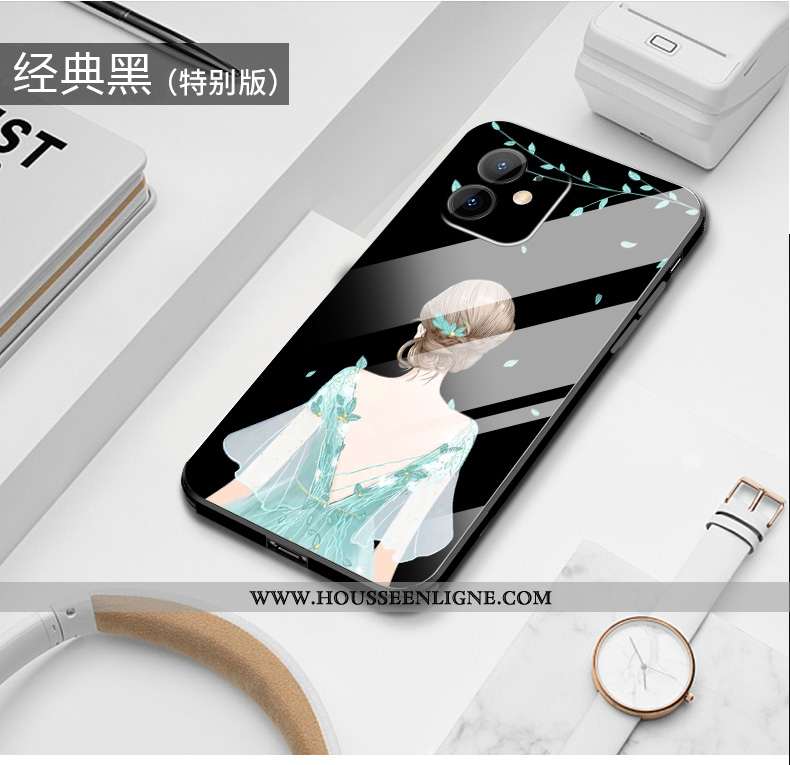 Coque iPhone 12 Verre Personnalité Noir Légère Mode Incassable Étui