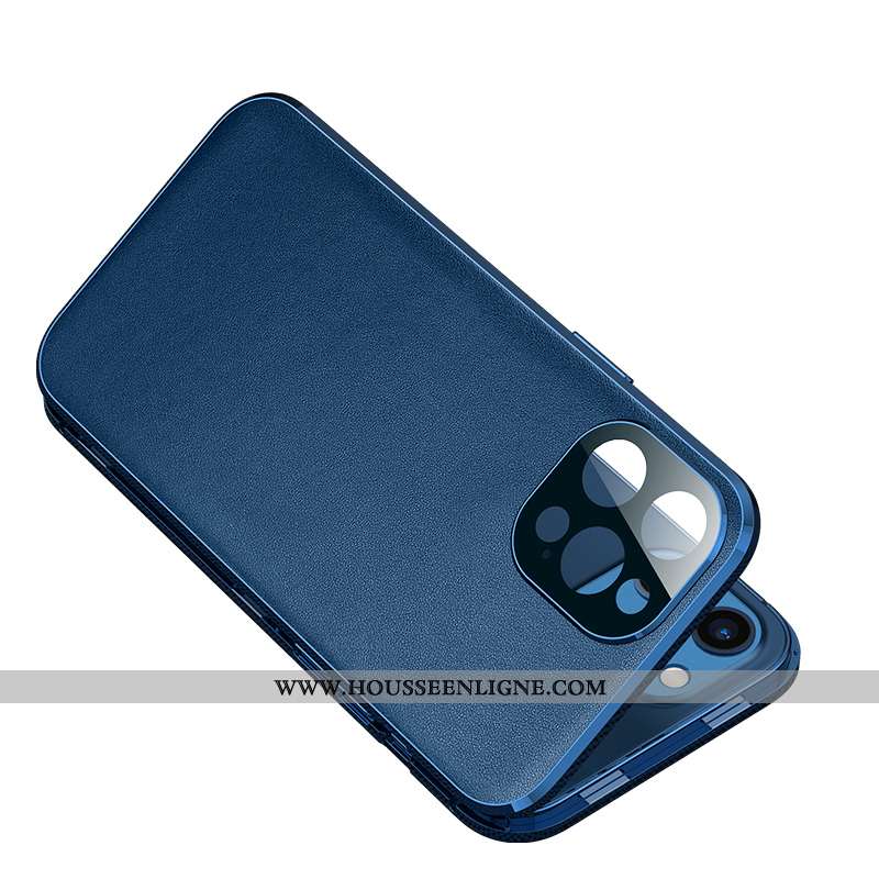 Housse iPhone 12 Pro Max Métal Verre Ultra Protection Étui Nouveau Cuir Bleu