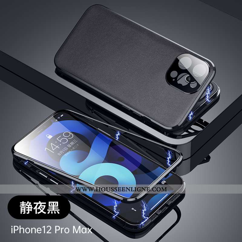 Housse iPhone 12 Pro Max Métal Verre Ultra Protection Étui Nouveau Cuir Bleu
