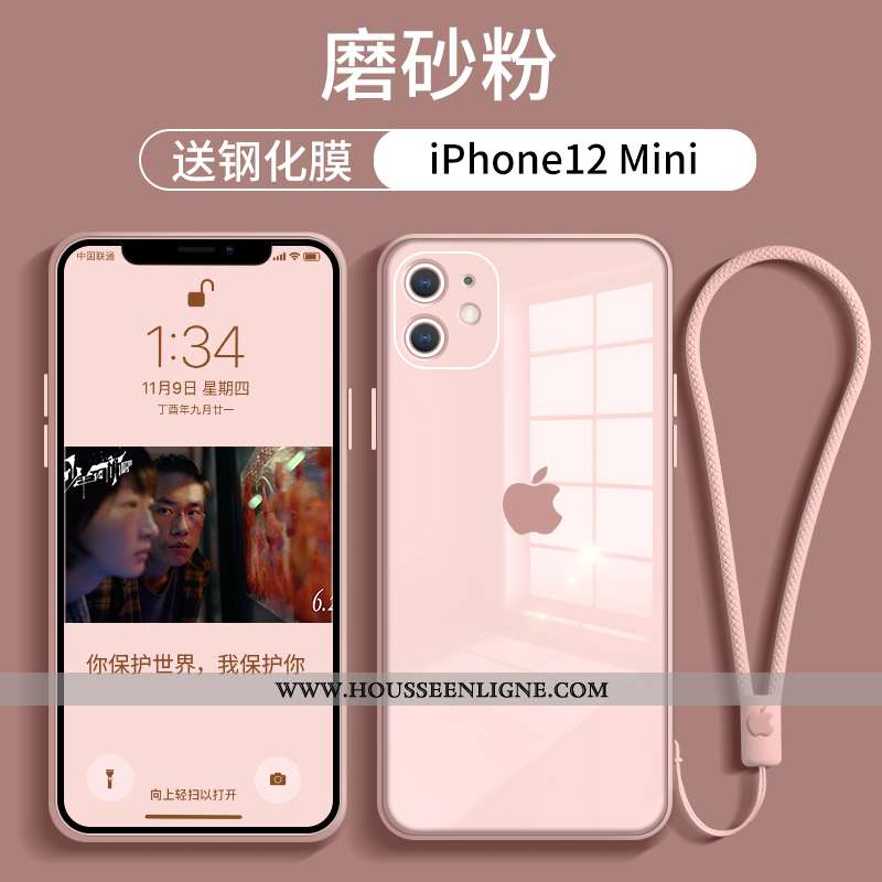 Étui iPhone 12 Mini Verre Tendance Téléphone Portable Tout Compris Net Rouge Rose Incassable