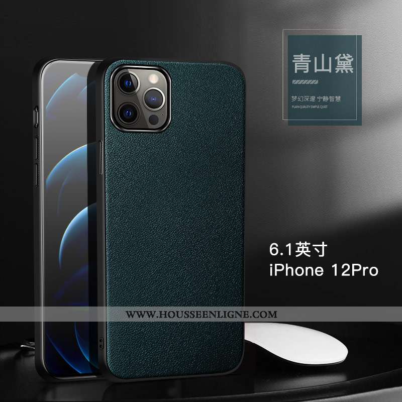 Étui iPhone 12 Pro Protection Cuir Véritable Tout Compris Coque Téléphone Portable Bovins Verte