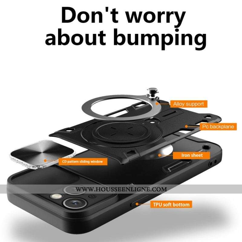 Coque iPhone 15 Plus Anneau-Support et Volet pour Appareil Photos