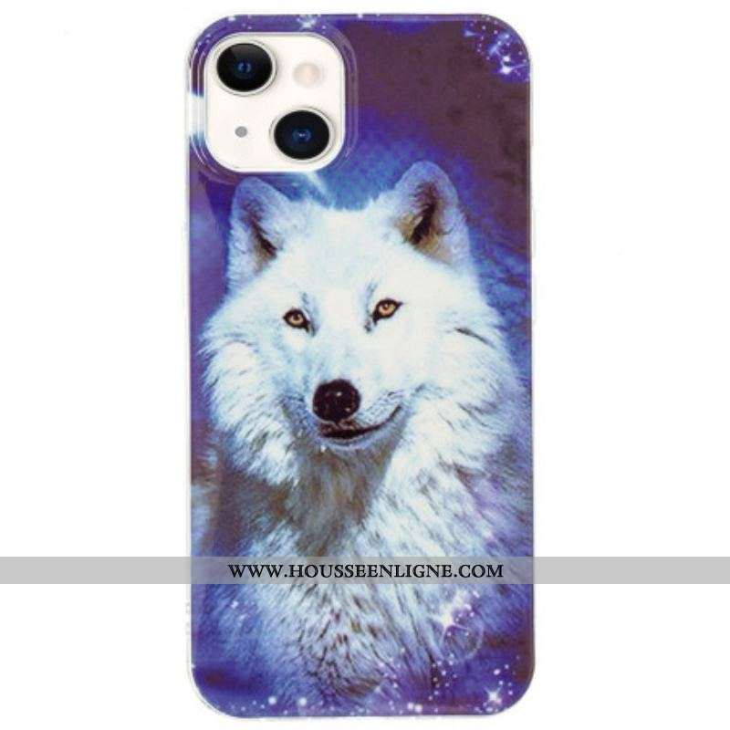 Coque iPhone 15 Plus Fluorescente Loup Blanc