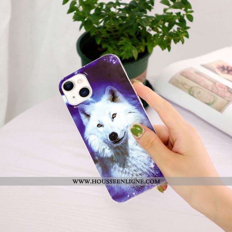Coque iPhone 15 Plus Fluorescente Loup Blanc