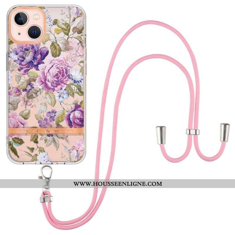 Coque iPhone 15 Plus à Cordon Fleurs