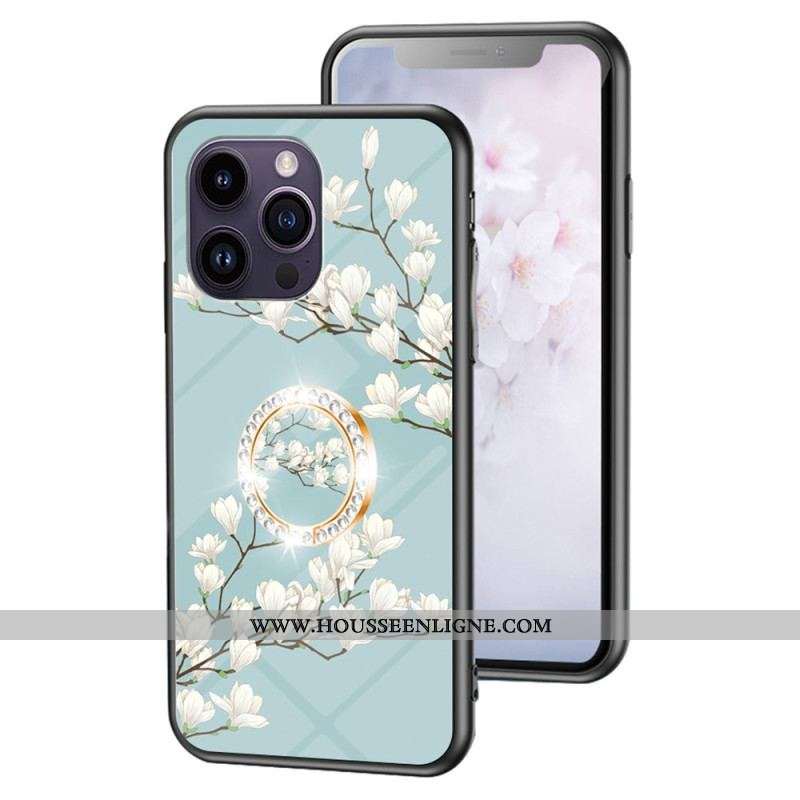 Coque iPhone 15 Pro Max Verre Trempé Floral avec Anneau-Support