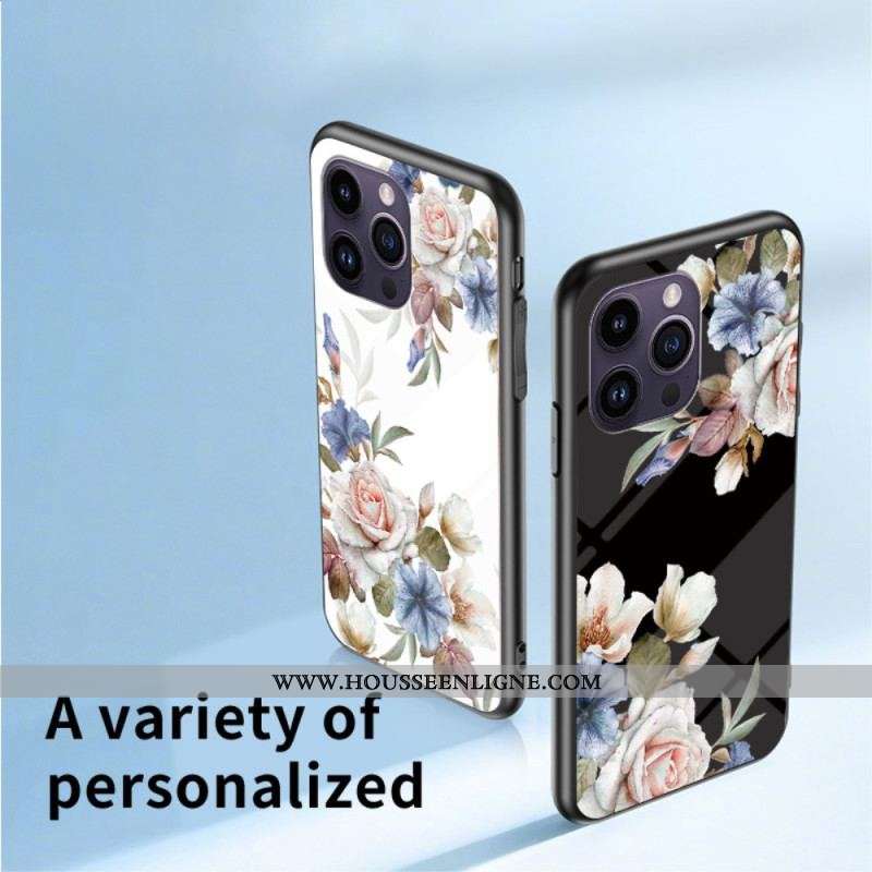 Coque iPhone 15 Pro Max Verre Trempé Floral avec Anneau-Support