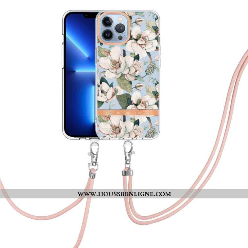 Coque iPhone 15 Pro Max à Cordon Fleurs