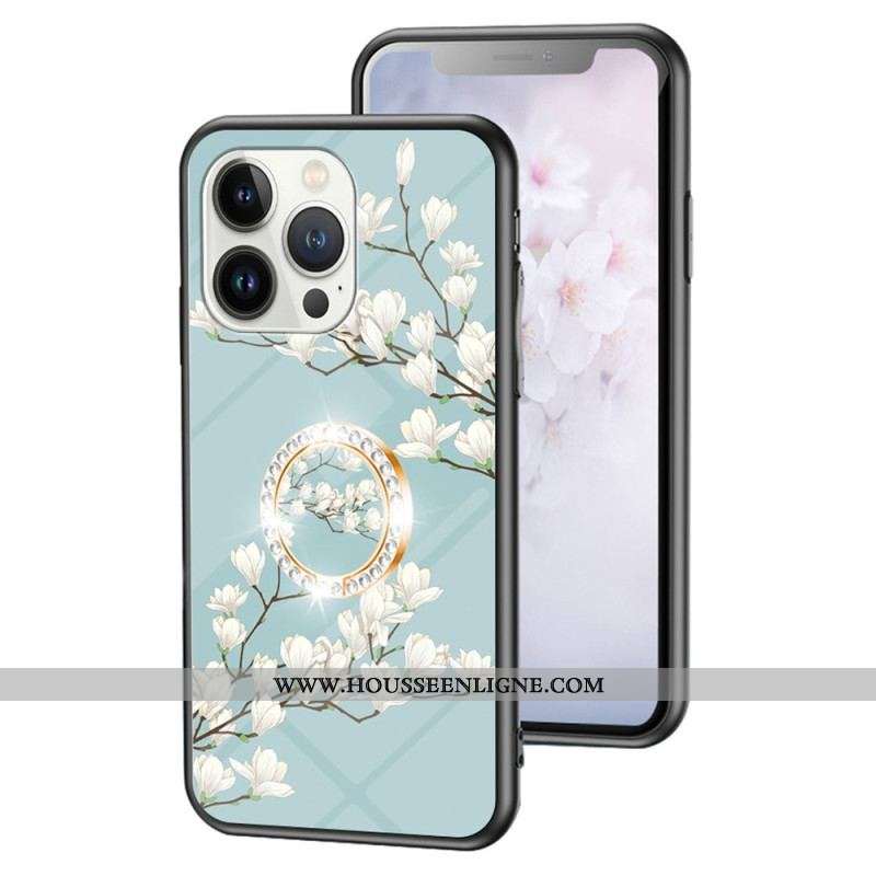 Coque iPhone 15 Pro Verre Trempé Floral avec Anneau-Support