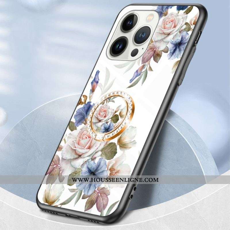 Coque iPhone 15 Pro Verre Trempé Floral avec Anneau-Support