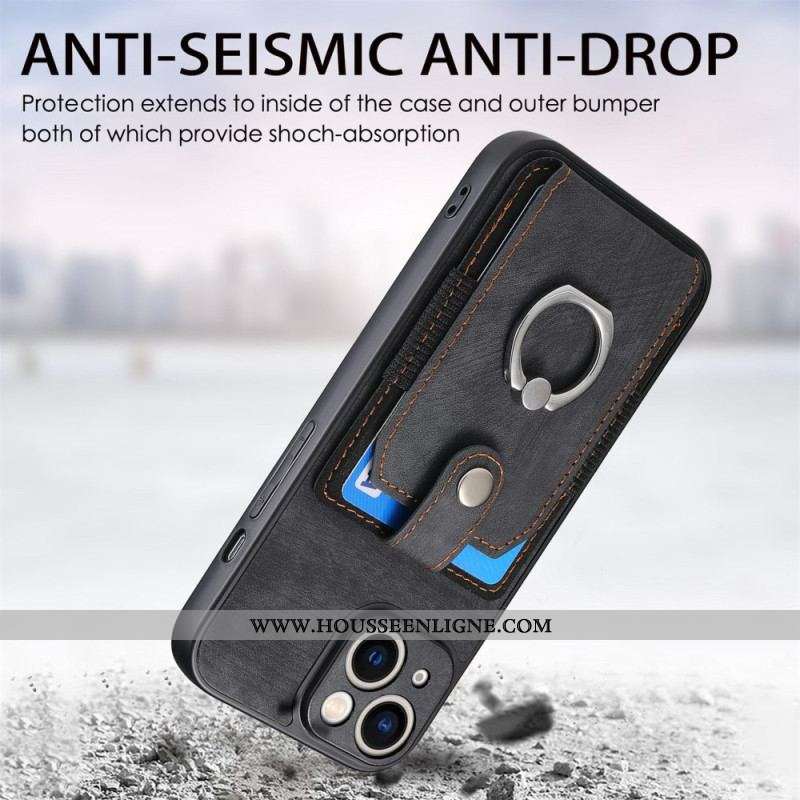 Coque iPhone 15 Vintage avec Anneau-Support et Porte-Cartes