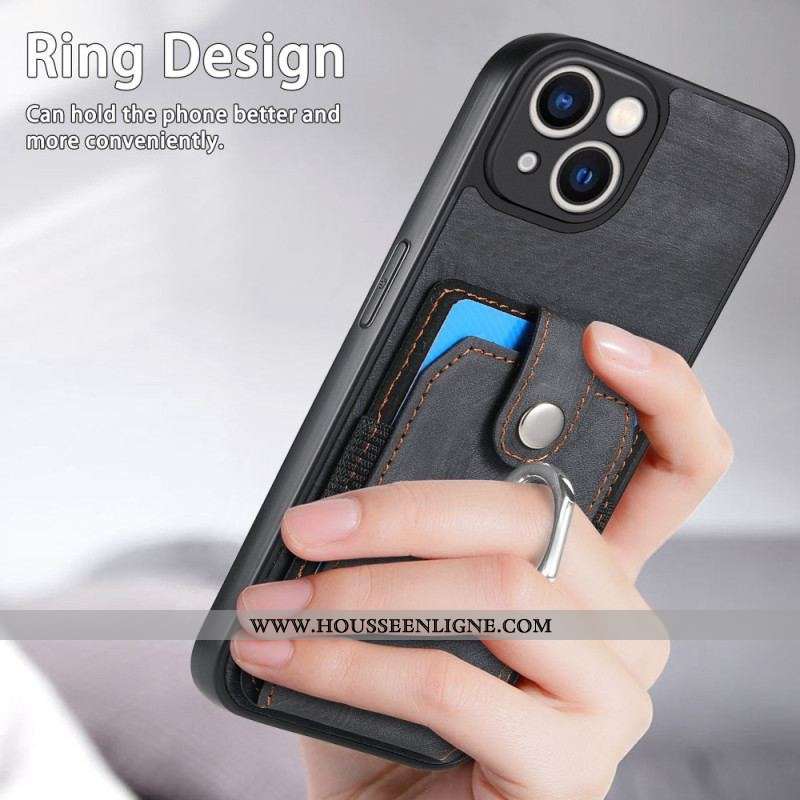 Coque iPhone 15 Vintage avec Anneau-Support et Porte-Cartes