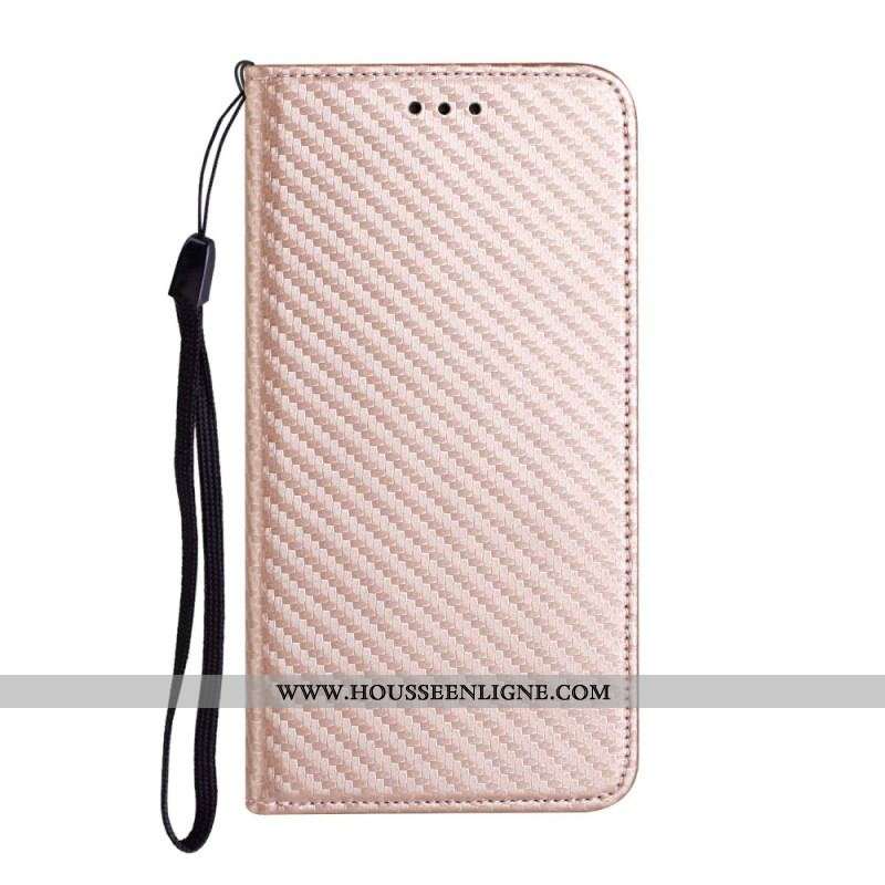 Flip Cover iPhone 15 Fibre Carbone à Lanière
