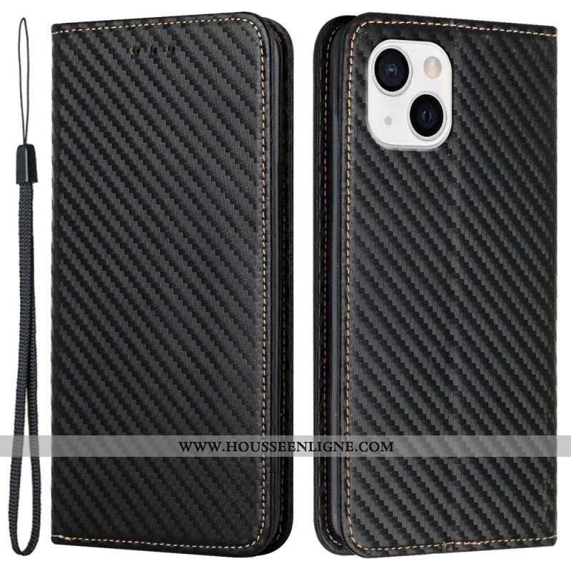 Flip Cover iPhone 15 Fibre Carbone à Lanière