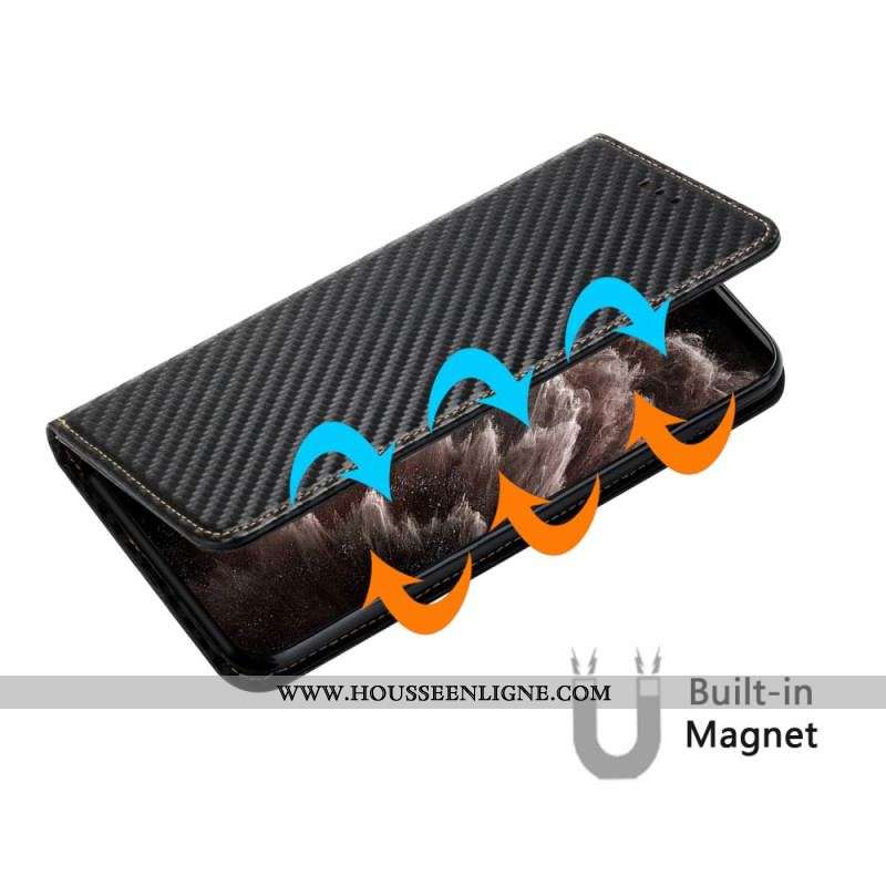 Flip Cover iPhone 15 Fibre Carbone à Lanière