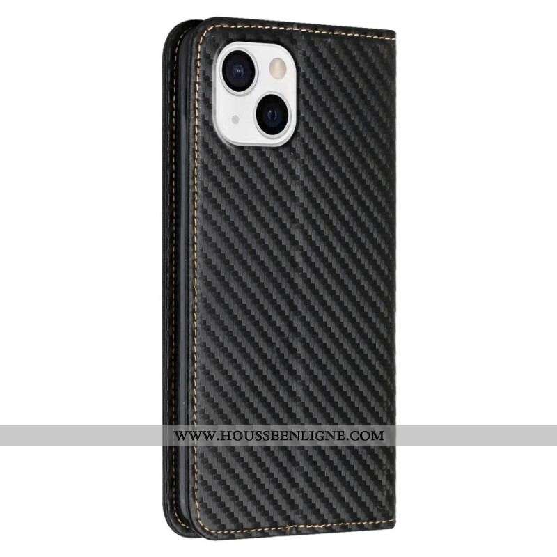 Flip Cover iPhone 15 Fibre Carbone à Lanière