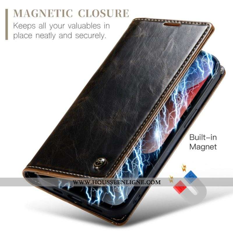 Flip Cover iPhone 15 Plus Simili Cuir Ciré CASEME