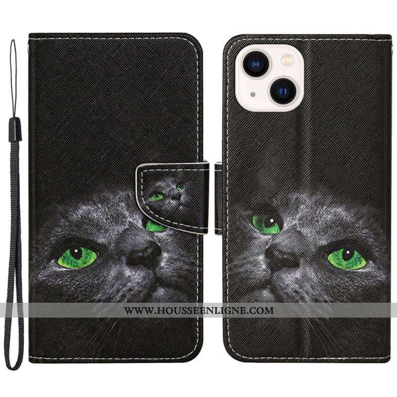 Housse iPhone 15 Chat aux Yeux Verts à Lanière