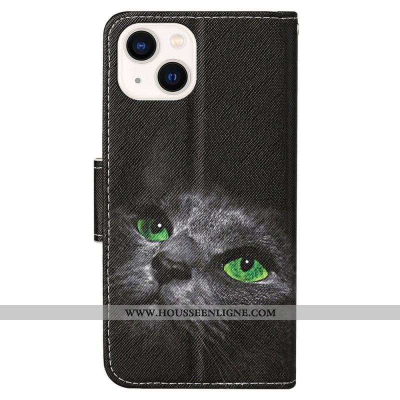 Housse iPhone 15 Chat aux Yeux Verts à Lanière