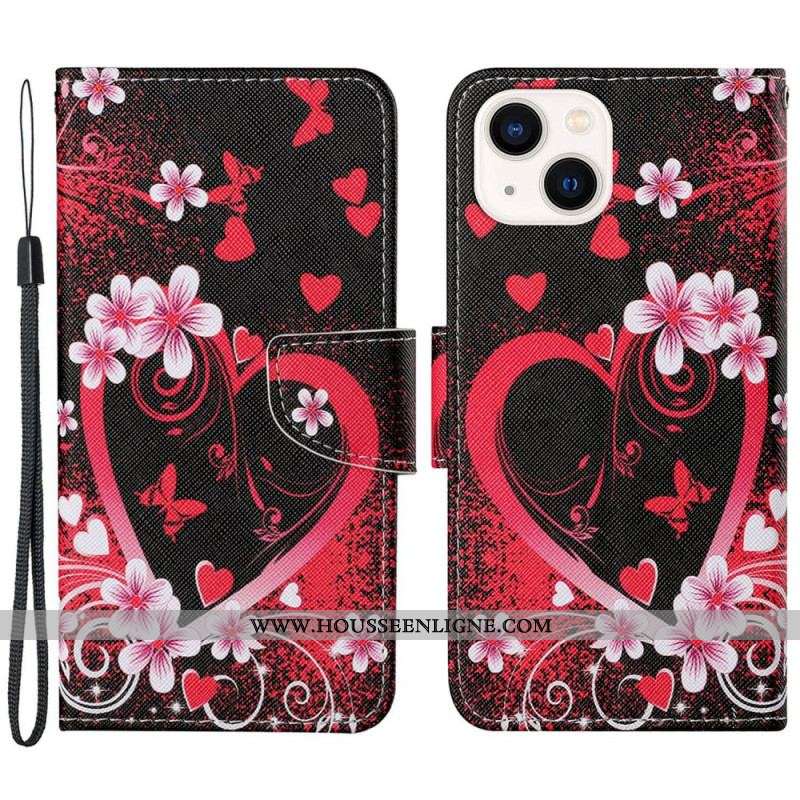 Housse iPhone 15 Coeurs à Lanière