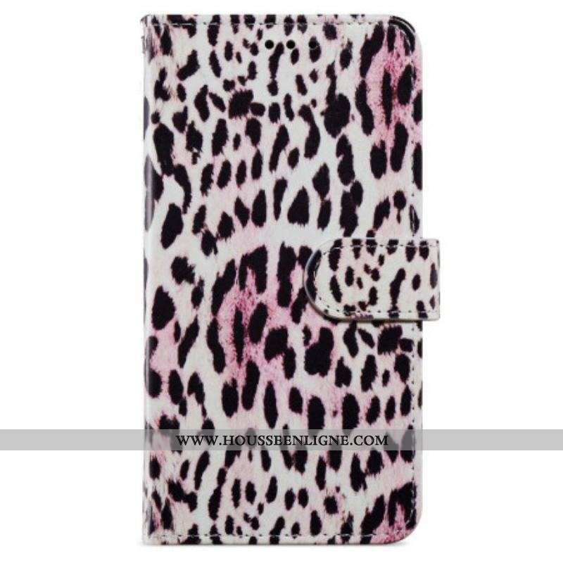 Housse iPhone 15 Design Peau de Léopard à Lanière