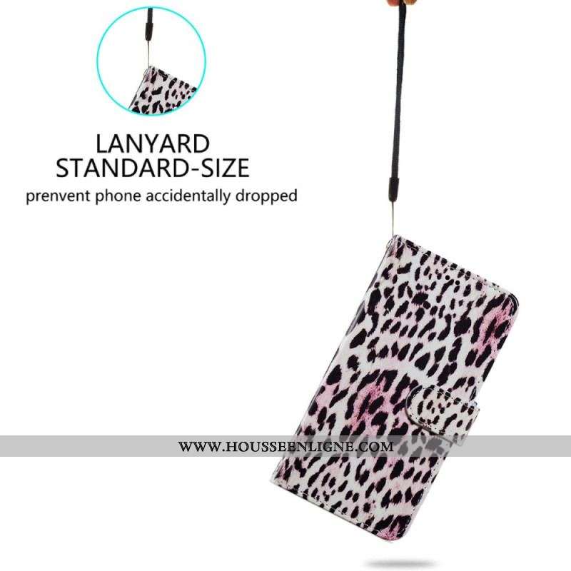 Housse iPhone 15 Design Peau de Léopard à Lanière