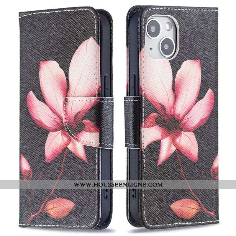 Housse iPhone 15 Fleur Rose sur Fond Noir