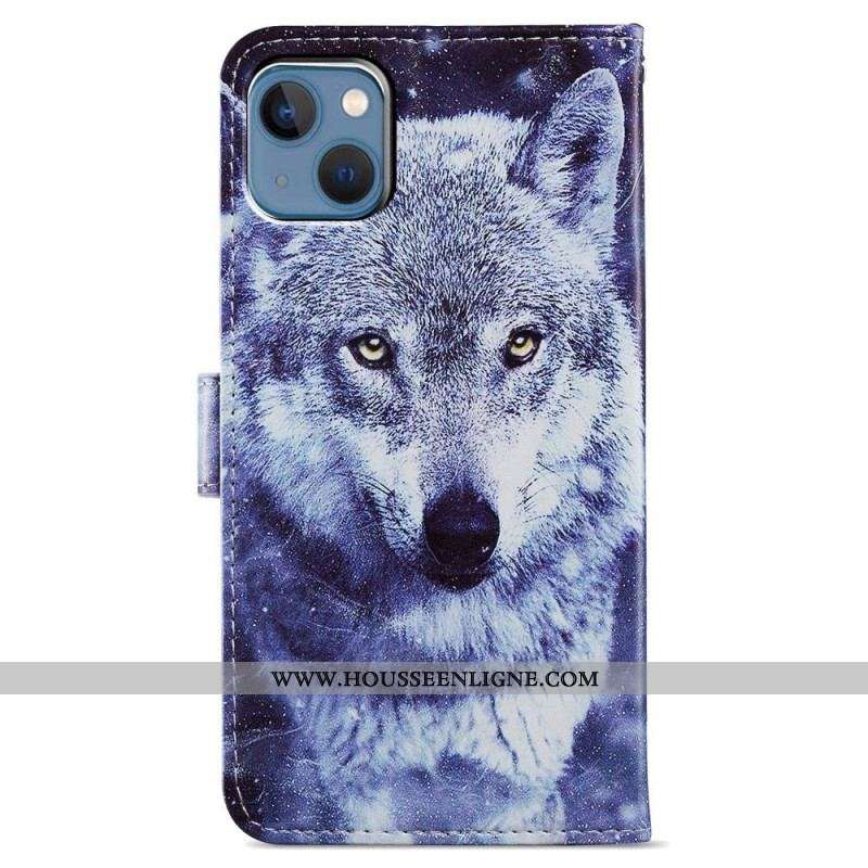 Housse iPhone 15 Loup Blanc à Lanière